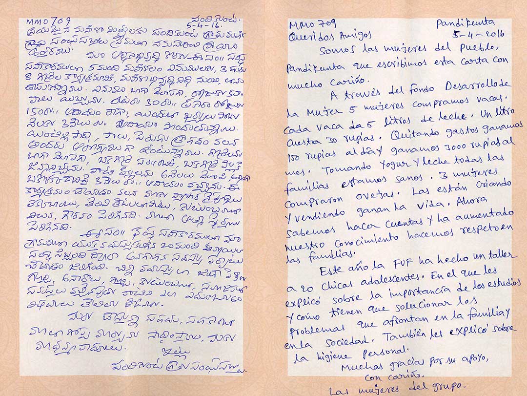Carta del grupo de mujeres de la India apadrinado por Clínica Curull, a través del proyecto "De Mujer a Mujer" de la Fundación Vicente Ferrer.